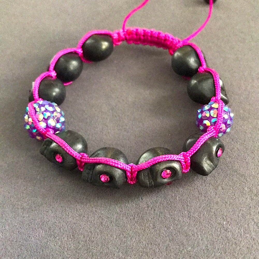 Carved Obsidian Skull Bracelet with Crystal Eyes & Studded Beads